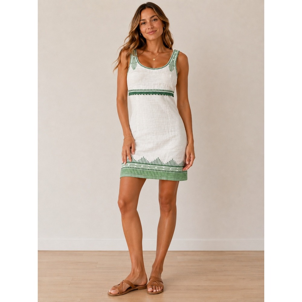 Esley Women Cream Green Embroidered Cotton Shift Mini Dress Size‎ M